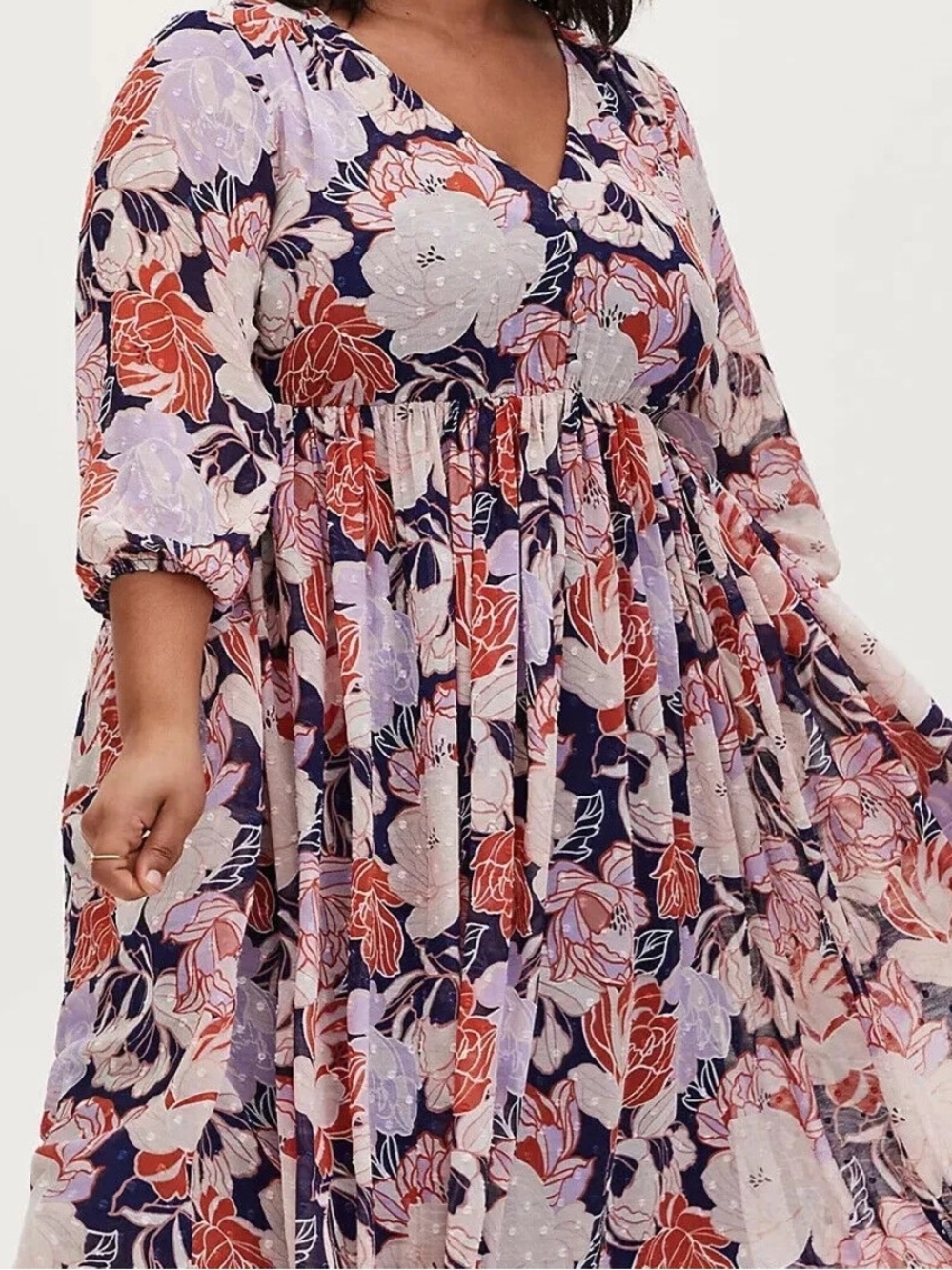 torrid Navy Floral Midi Dress with Coral and Lavender Blooms